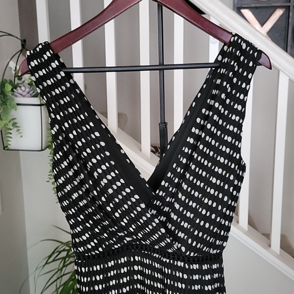 Lulus Do-Si-Do Pleated Tiered Midi Dress | Black Polka Dot Sleeveless | Size S - Picture 6 of 12
